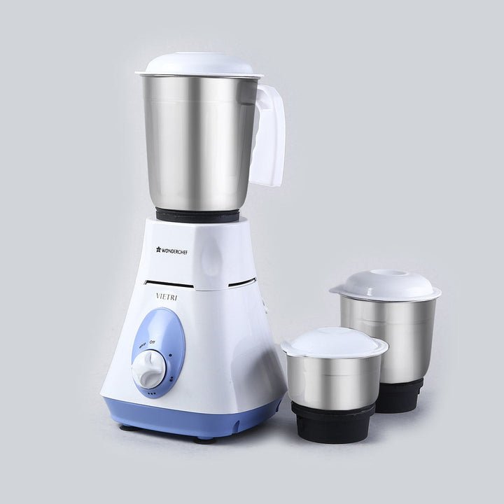 Wonderchef Vietri Mixer Grinder 500W With 3 Stainless Steel Jars (White & Blue) 3 Jars